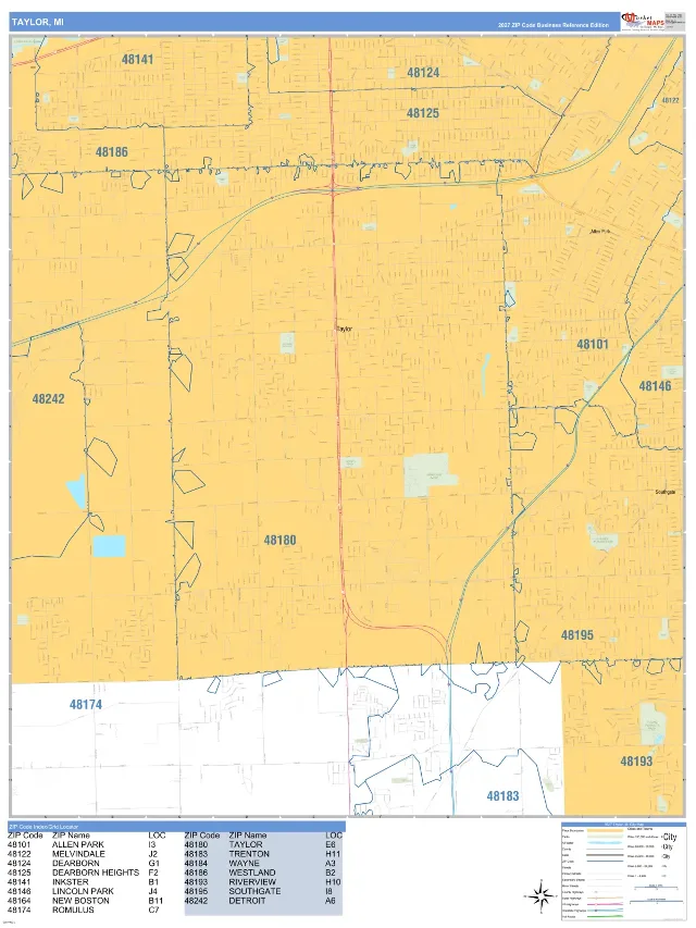 Taylor, MI ZIP Code Wall Map, Business Reference style