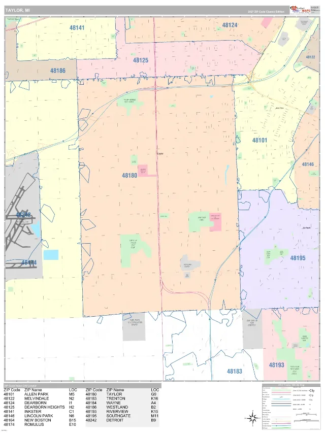 Taylor, MI ZIP Code Wall Map, Classic style