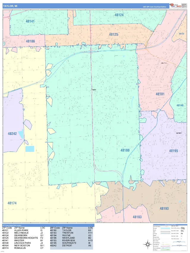 Taylor, MI ZIP Code Wall Map, ColorCast style