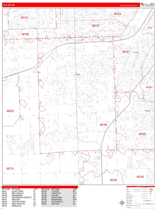 Taylor, MI ZIP Code Wall Map, RedLine style