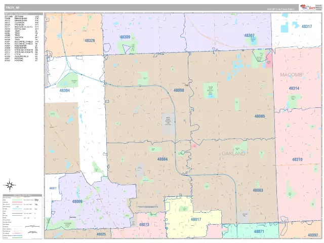 Troy, MI ZIP Code Wall Map, Classic style