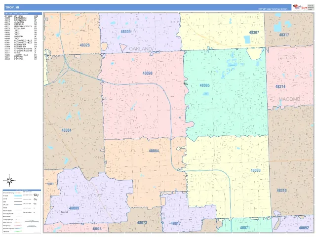 Troy, MI ZIP Code Wall Map, ColorCast style