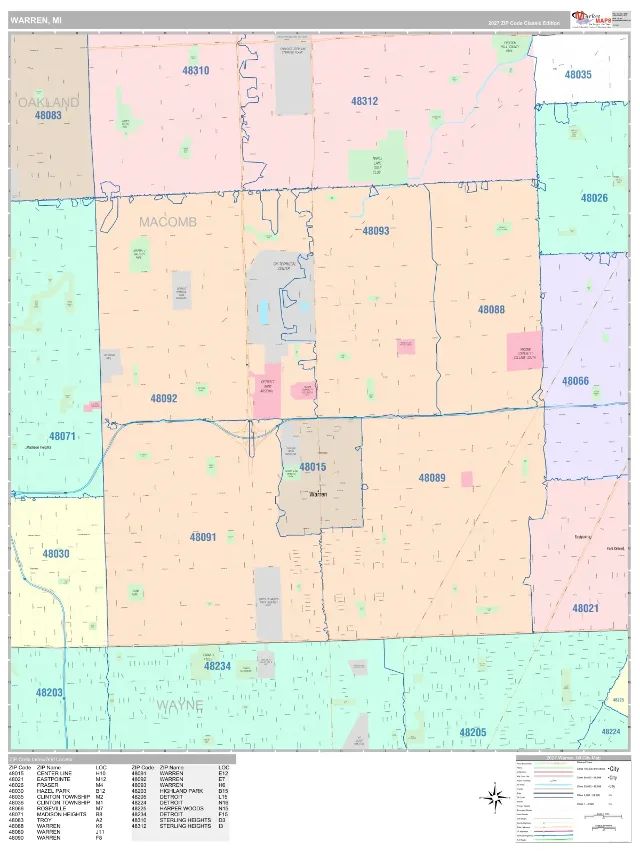 Warren, MI ZIP Code Wall Map, Classic style