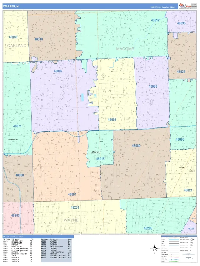 Warren, MI ZIP Code Wall Map, ColorCast style