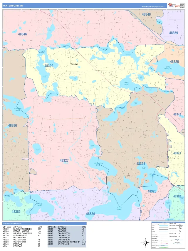 Waterford, MI ZIP Code Wall Map, ColorCast style