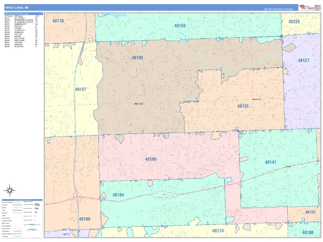 Westland, MI ZIP Code Wall Map, ColorCast style