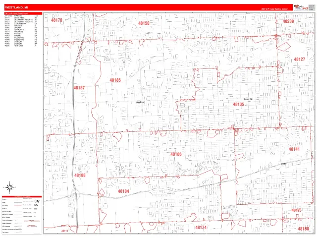 Westland, MI ZIP Code Wall Map, RedLine style