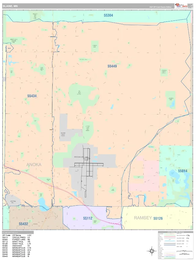 Blaine, MN ZIP Code Wall Map, Classic style