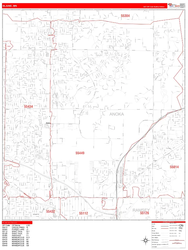 Blaine, MN ZIP Code Wall Map, RedLine style