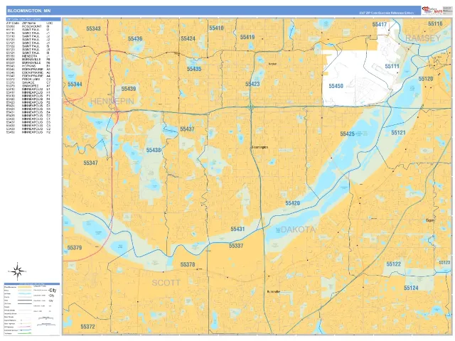 Bloomington, MN ZIP Code Wall Map, Business Reference style