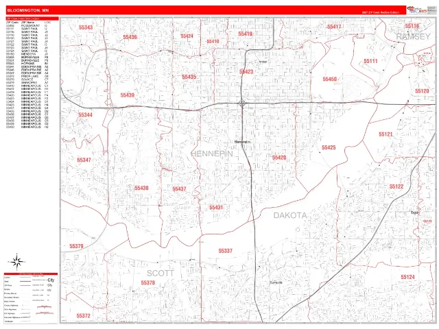 Bloomington, MN ZIP Code Wall Map, RedLine style