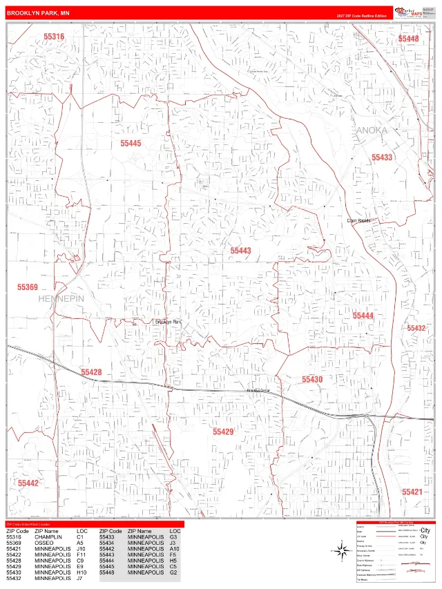 Brooklyn Park, MN ZIP Code Wall Map, RedLine style
