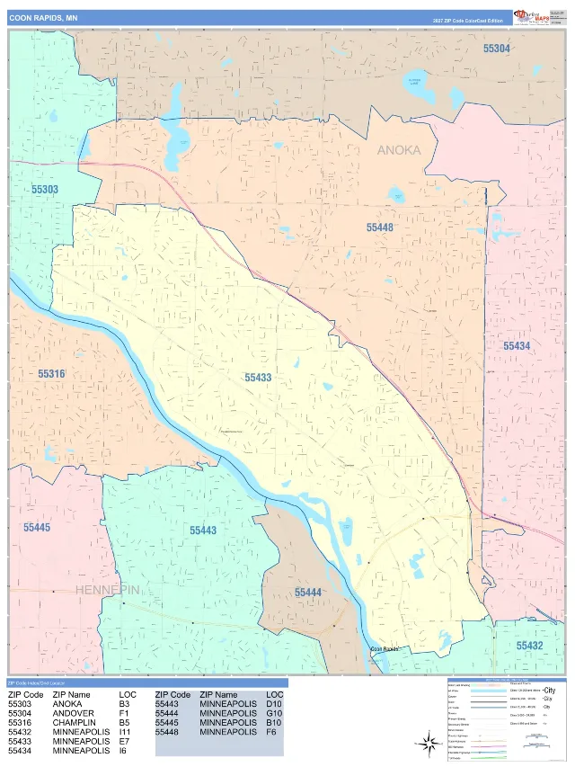 Coon Rapids, MN ZIP Code Wall Map, ColorCast style