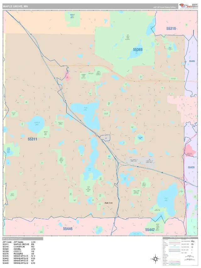Maple Grove, MN ZIP Code Wall Map, Classic style