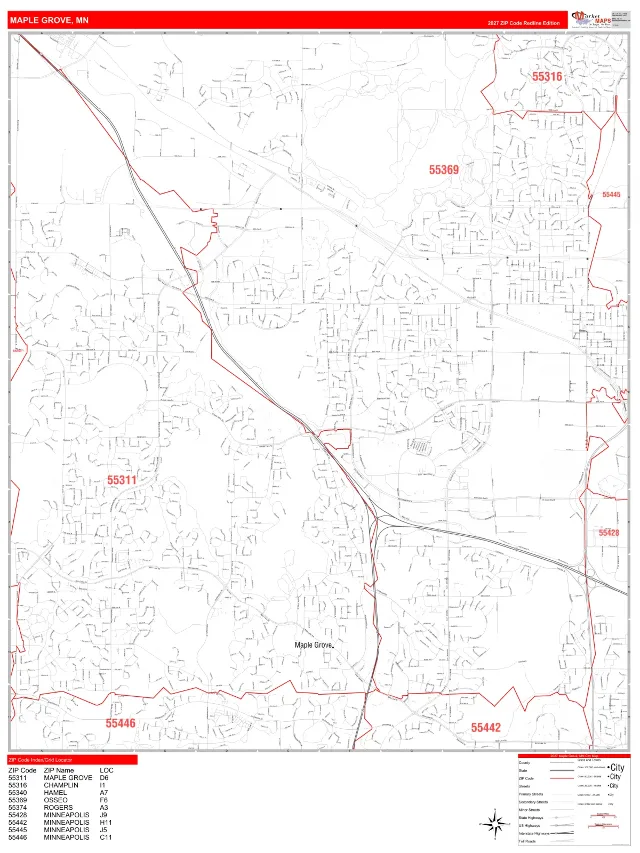 Maple Grove, MN ZIP Code Wall Map, RedLine style