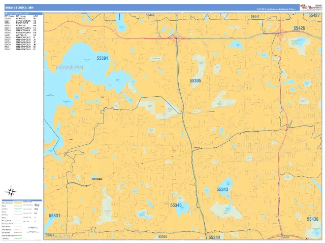 Minnetonka, MN ZIP Code Wall Map, Business Reference style