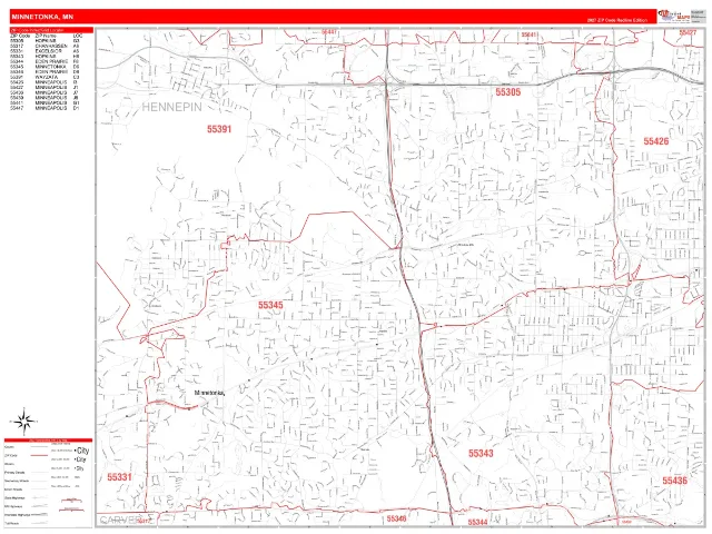 Minnetonka, MN ZIP Code Wall Map, RedLine style
