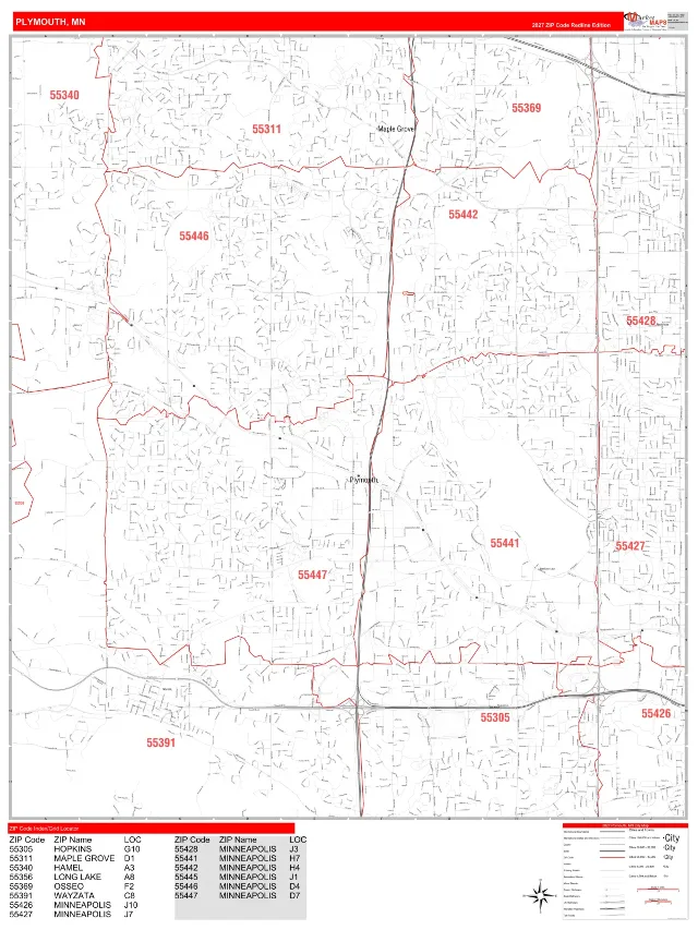 Plymouth, MN ZIP Code Wall Map, RedLine style