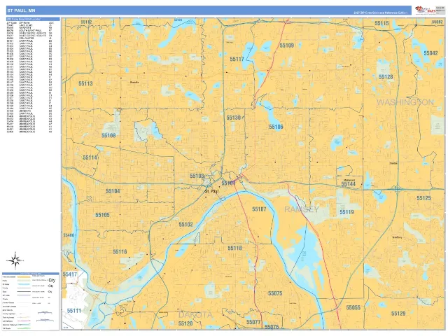St Paul, MN ZIP Code Wall Map, Business Reference style