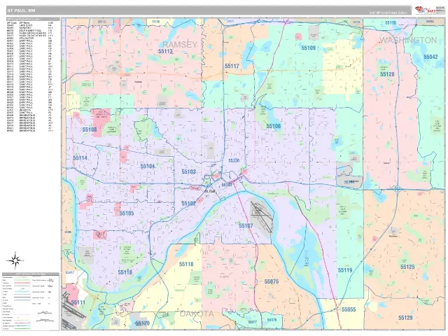 St Paul, MN ZIP Code Wall Map, Classic style