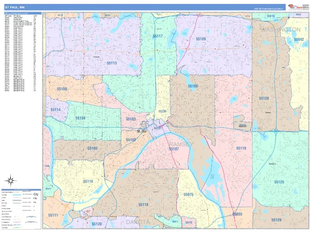 St Paul, MN ZIP Code Wall Map, ColorCast style