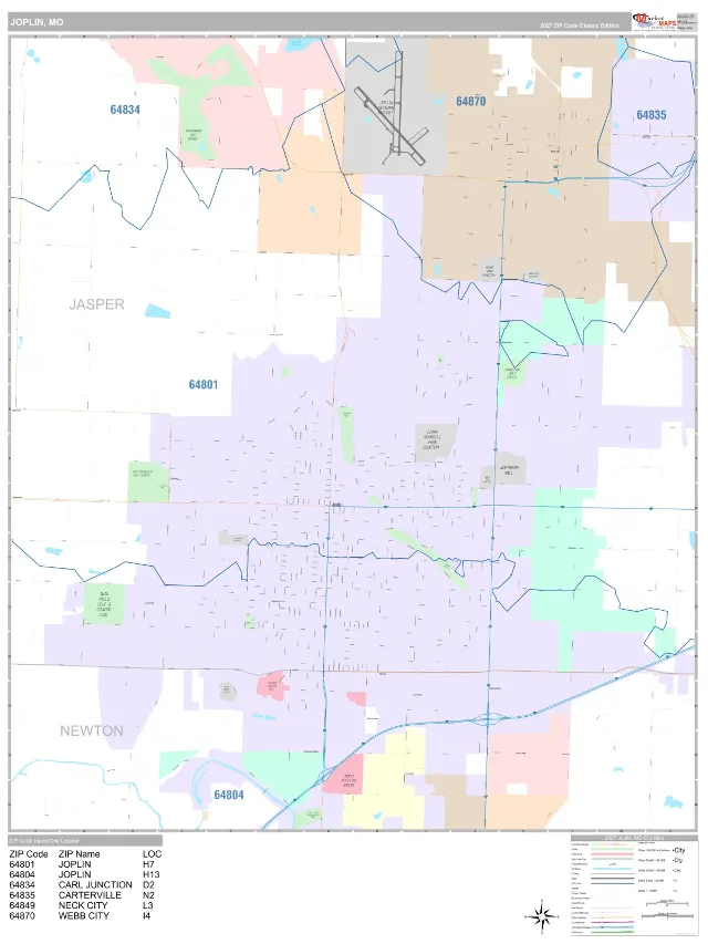 Joplin, MO ZIP Code Wall Map, Classic style