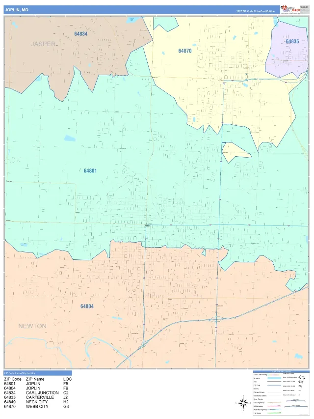 Joplin, MO ZIP Code Wall Map, ColorCast style