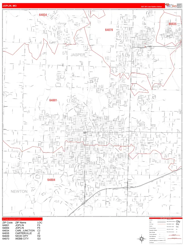 Joplin, MO ZIP Code Wall Map, RedLine style