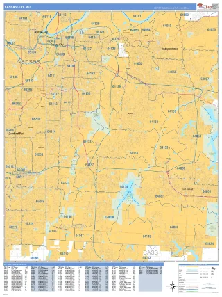 Kansas City, MO Business Reference style ZIP Code wall map