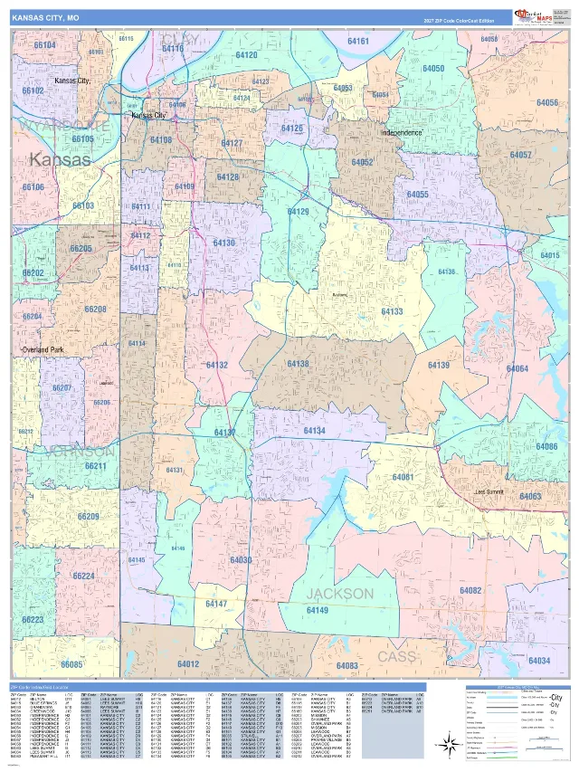 Kansas City, MO ZIP Code Wall Map, ColorCast style
