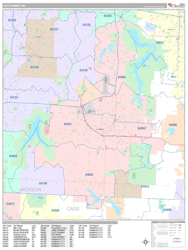 Lee's Summit, MO ZIP Code Wall Map, Classic style