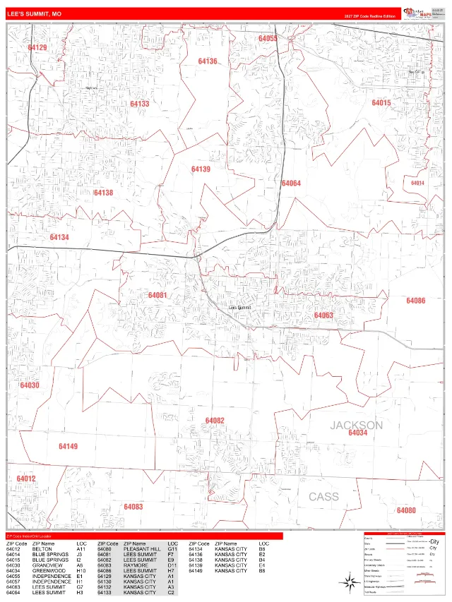 Lee's Summit, MO ZIP Code Wall Map, RedLine style