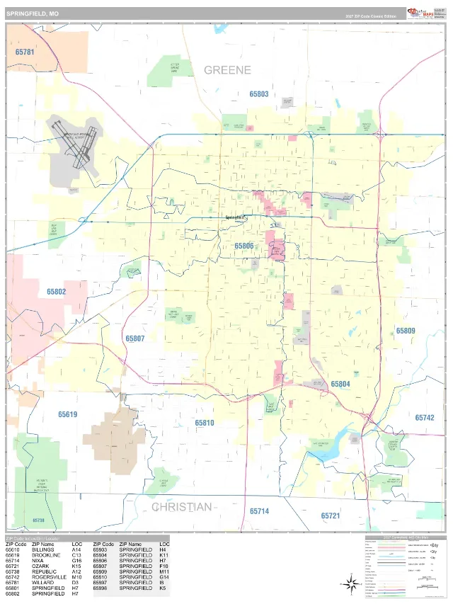 Springfield, MO ZIP Code Wall Map, Classic style