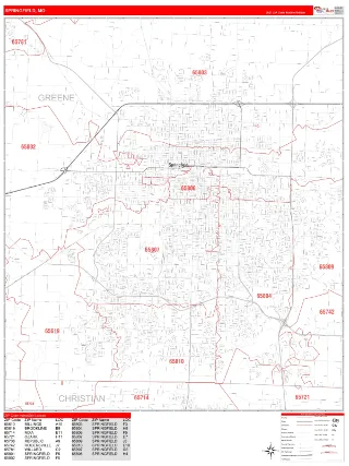 Springfield, MO RedLine style ZIP Code wall map