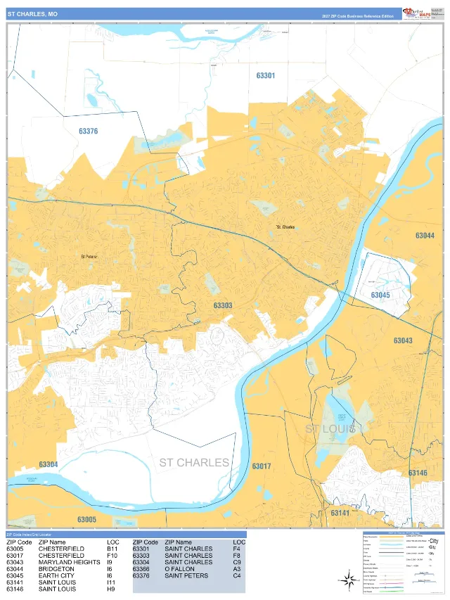 St Charles, MO ZIP Code Wall Map, Business Reference style