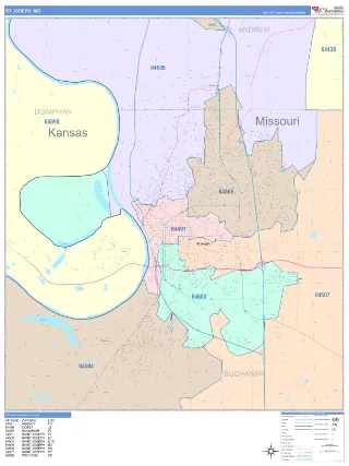 St Joseph, MO ColorCast style ZIP Code wall map