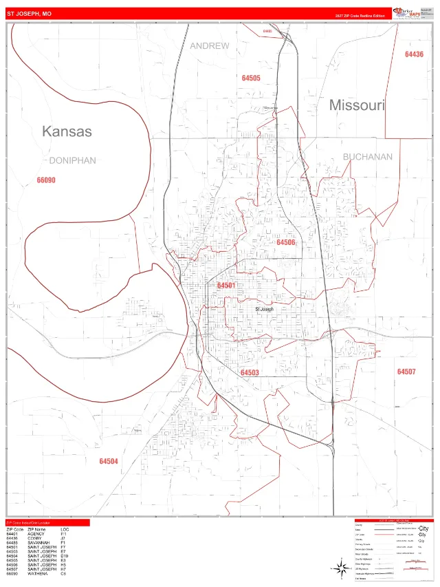 St Joseph, MO ZIP Code Wall Map, RedLine style