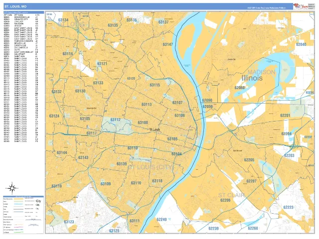 St Louis, MO ZIP Code Wall Map, Business Reference style