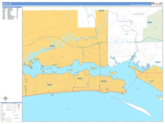 Biloxi, MS ZIP Code Wall Map, Business Reference style