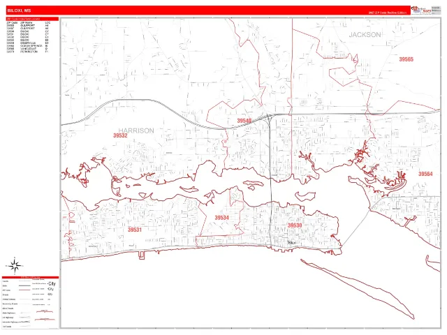 Biloxi, MS ZIP Code Wall Map, RedLine style