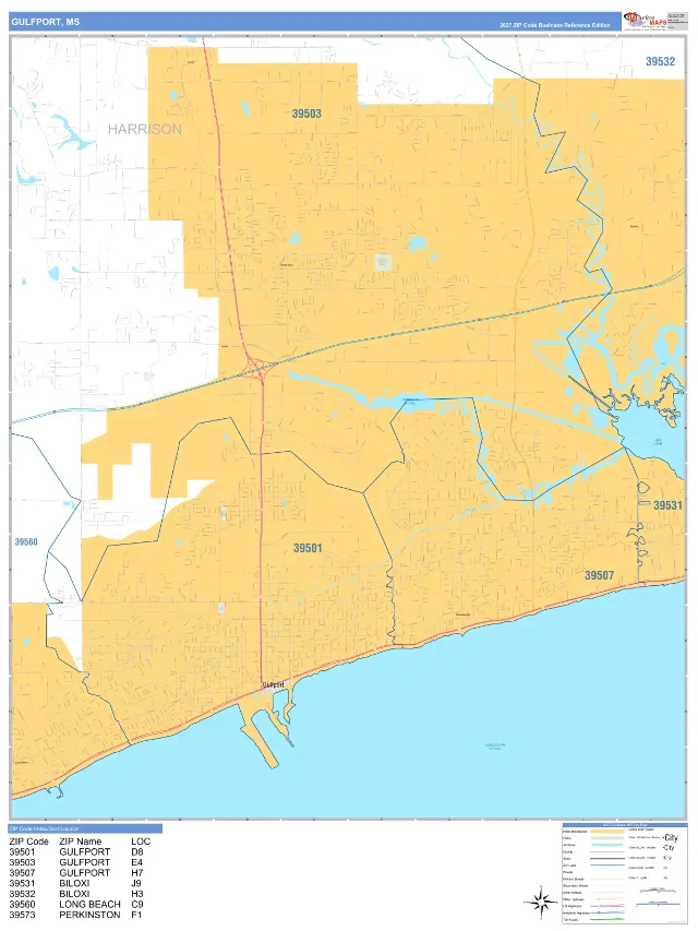 Gulfport, MS ZIP Code Wall Map, Business Reference style