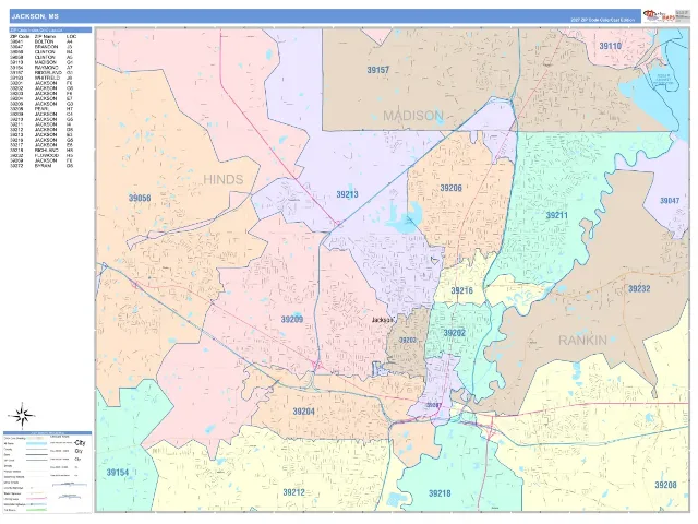 Jackson, MS ZIP Code Wall Map, ColorCast style