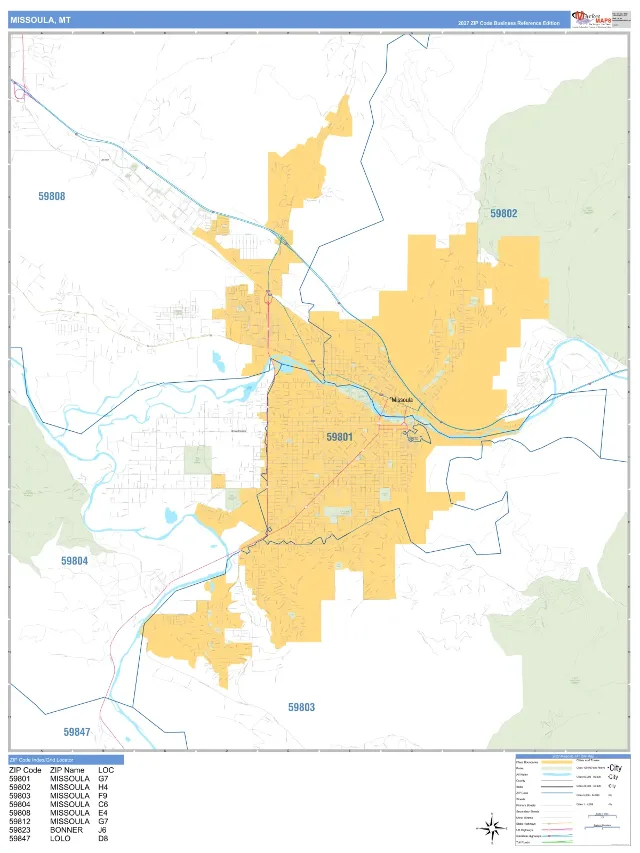 Missoula, MT ZIP Code Wall Map, Business Reference style