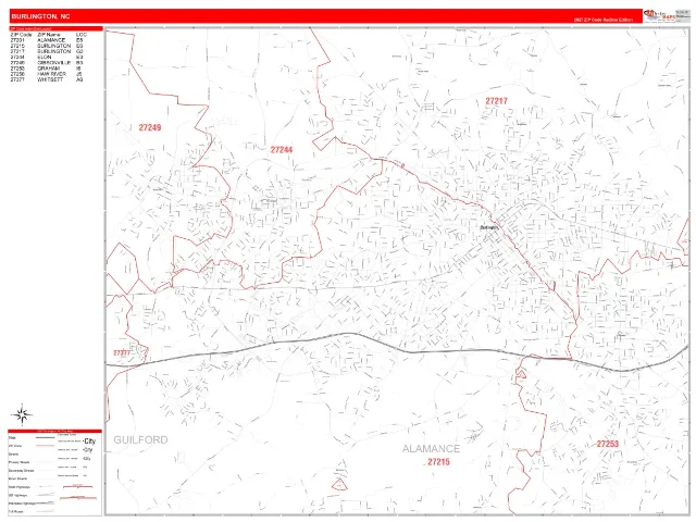 Burlington, NC ZIP Code Wall Map, RedLine style