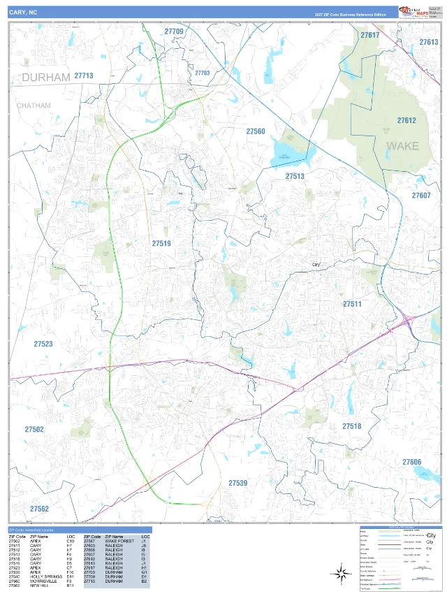 Cary, NC ZIP Code Wall Map, Business Reference style