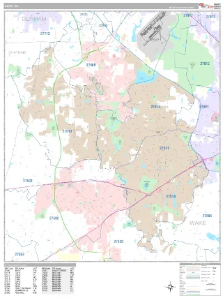 Cary, NC Classic style ZIP Code wall map