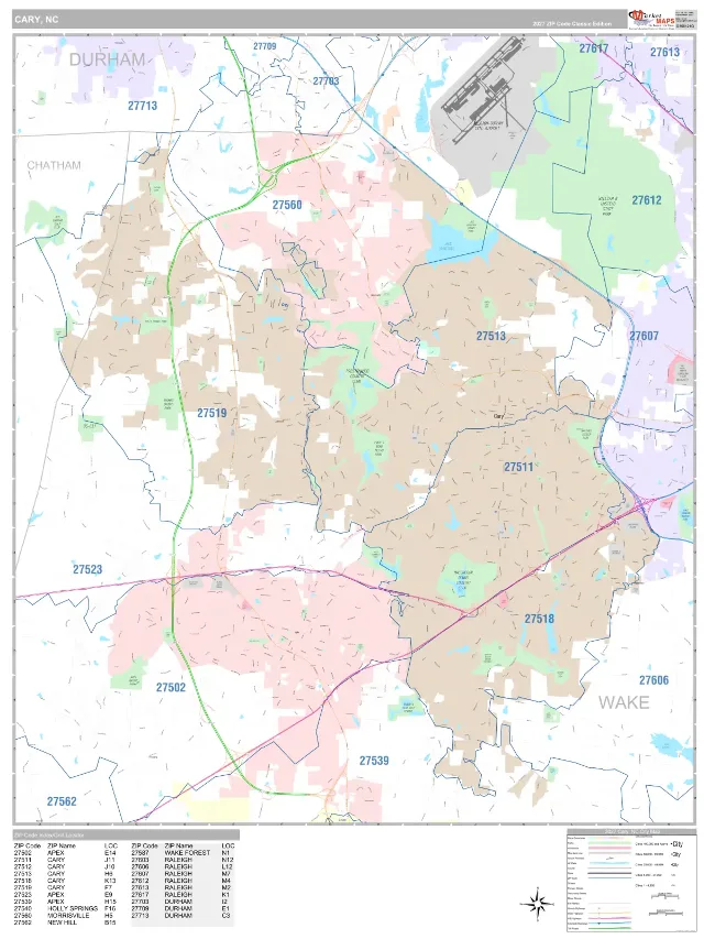Cary, NC ZIP Code Wall Map, Classic style