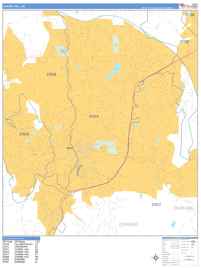 Chapel Hill, NC ZIP Code Wall Map, Business Reference style