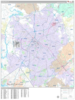 Charlotte, NC Classic style ZIP Code wall map