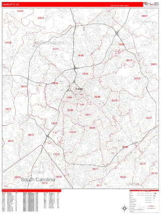 Charlotte, NC RedLine style ZIP Code wall map